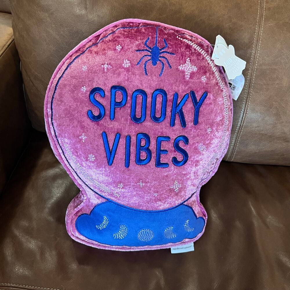 Spooky Vibes Embroidered Beaded Crystal‎ Ball Pink Velvet Halloween Pillow 16x14